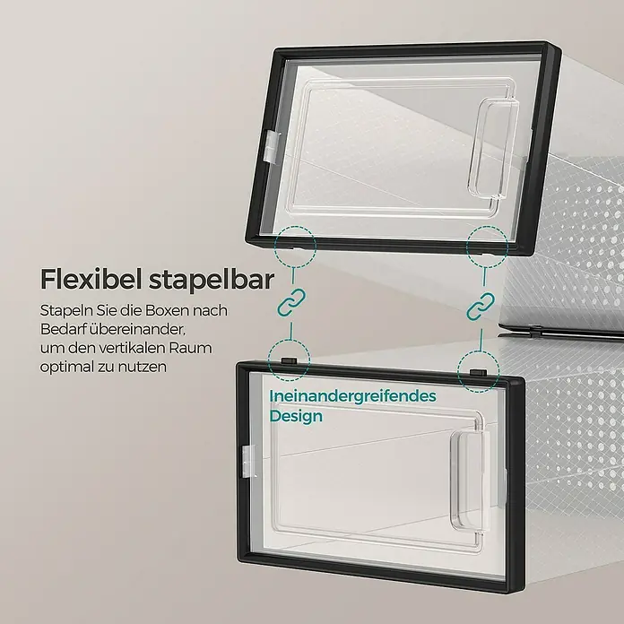 Schuhbox - L x B x H: 23,2 x 33,5 x 14,3 cm, Kunststoff, Schwarz/Transparent, 18 Stk. - Zwei transparente Schuhboxen mit schwarzem Rahmen, die übereinander gestapelt sind und die Flexibilität des Stapelns hervorheben.