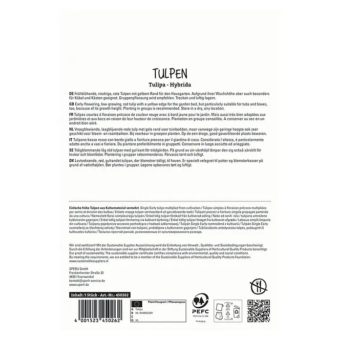 Sperli Blumenzwiebeln Einfache Frühe Tulpe Flair - Tulipa x Hybrida, 5 Stk. - Produktverpackung mit Informationen über TULPEN Tulipa - Hybrida, ideal für Gärten und Pflanzgefäße.