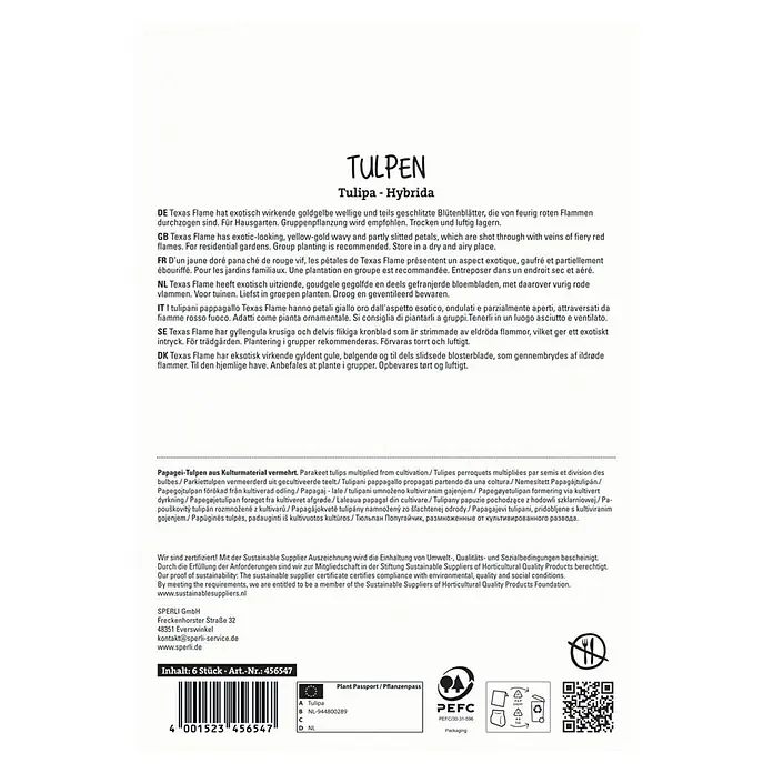 Sperli Blumenzwiebeln Papagei-Tulpe Texas Flame - Tulipa x Hybrida, 6 Stk. - Abbildung der Tulpen-Hybrida 'Texas Flame'-Verpackung, mit lebendigen, goldgelben und geschlitzten Blüten.