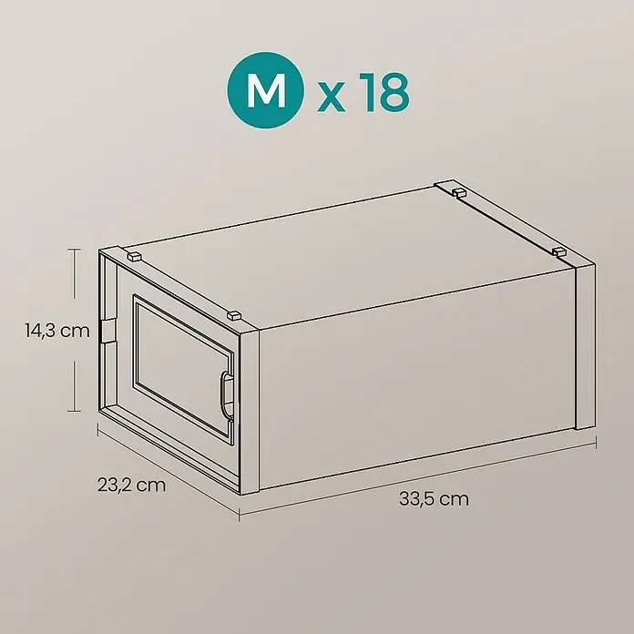 Schuhbox - L x B x H: 23,2 x 33,5 x 14,3 cm, Kunststoff, Schwarz/Transparent, 18 Stk. - Abbildung einer Schubladenbox der Größe M x 18 mit den Maßen 14,3 cm Höhe, 23,2 cm Breite und 33,5 cm Tiefe.