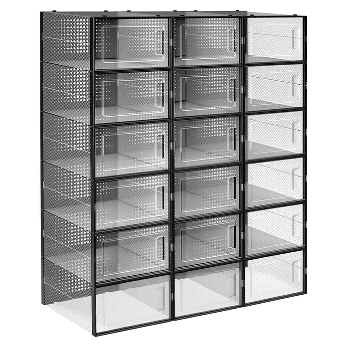 Schuhbox - L x B x H: 23,2 x 33,5 x 14,3 cm, Kunststoff, Schwarz/Transparent, 18 Stk. - Bild eines Schuhregals aus Metall mit transparenten Schubladen, das viele Schuhe ordentlich aufbewahrt.