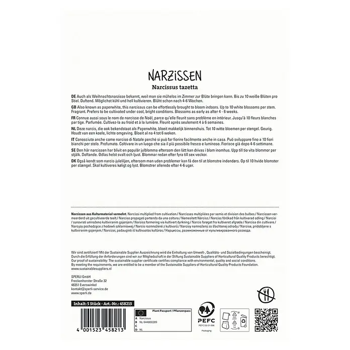 Sperli Blumenzwiebeln Tazetta Narzisse Ziva - Narcissus tazetta, Weiß, 5 Stk. - Produktverpackung Narzissen tazetta: Bis zu 10 duftende, weiße Blüten pro Stiel. Kühl und hell kultivieren für frühe Blüte.