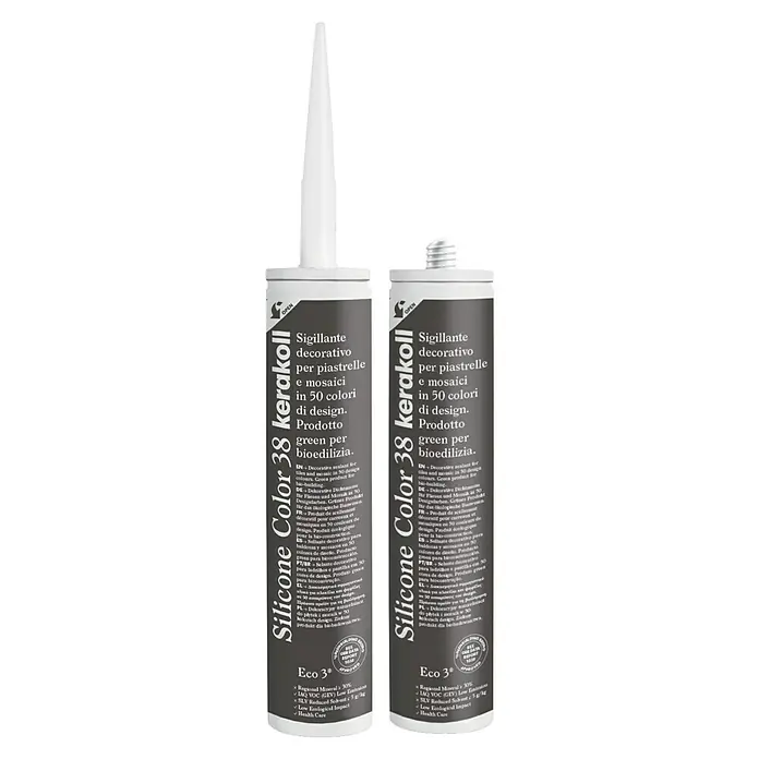 Kerakoll Silicona universal Color - Tono de color: 38, 310 ml - Dos cartuchos de Silicone Color 38 Kerakoll, un sellador decorativo para azulejos y mosaicos, en diferentes tamaños.