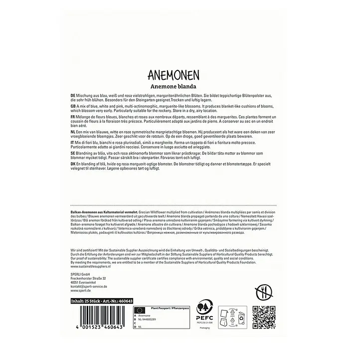 Sperli Blumenzwiebeln Balkan Windröschen - Anemone blanda, 25 Stk. - Anemonen blanda Blumenzwiebel-Packung mit Produktinformationen und Zertifizierungen für nachhaltigen Anbau.