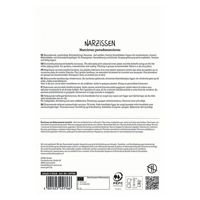 Sperli Blumenzwiebeln Spleißkronige Narzisse Cum Laude - Narcissus pseudonarcissus, 5 Stk. - Verpackung für Narzissen 'Narcissus pseudonarcissus' mit zweifarbigen Blütenblättern, ideal für Garten, Verwilderung und Schnitt.