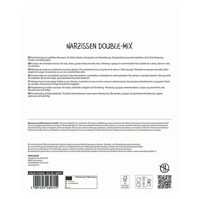 Sperli Blumenzwiebeln Maxi Narzissen Gefüllte Farbmischung - Narcissus pseudonarcissus, 12 Stk. - Narzissen Double-Mix: Farbmischung gefüllter Narzissen für Kübel, Kästen, Hausgarten und Verwilderung. Trocken und luftig lagern.