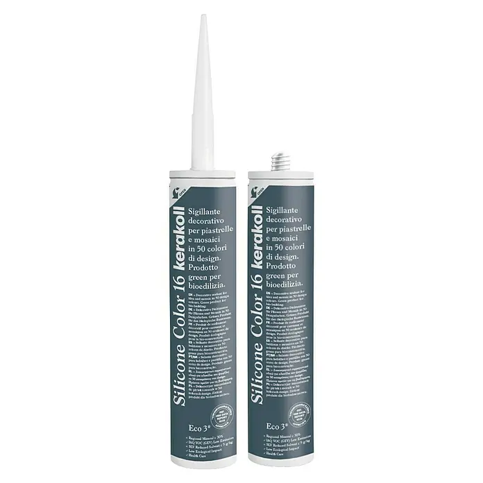 Kerakoll Silicona universal Color - Tono de color: 16, 310 ml - Imagen del producto de dos cartuchos de Silicone Color 16 kerakoll, un sellador para azulejos y mosaicos en varios colores.