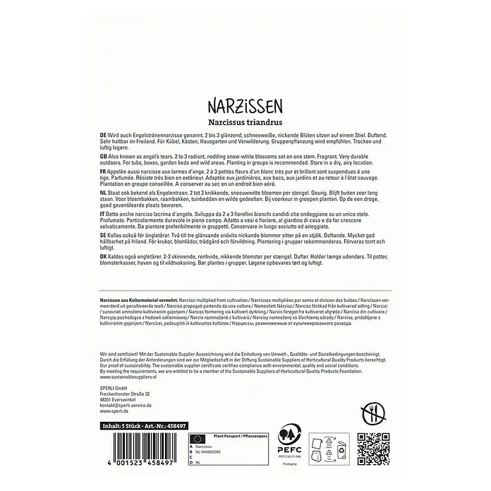 Sperli Blumenzwiebeln Narzisse Thalia - Narcissus triandrus, Weiß, 5 Stk. - Produktverpackung Narzissen triandrus.