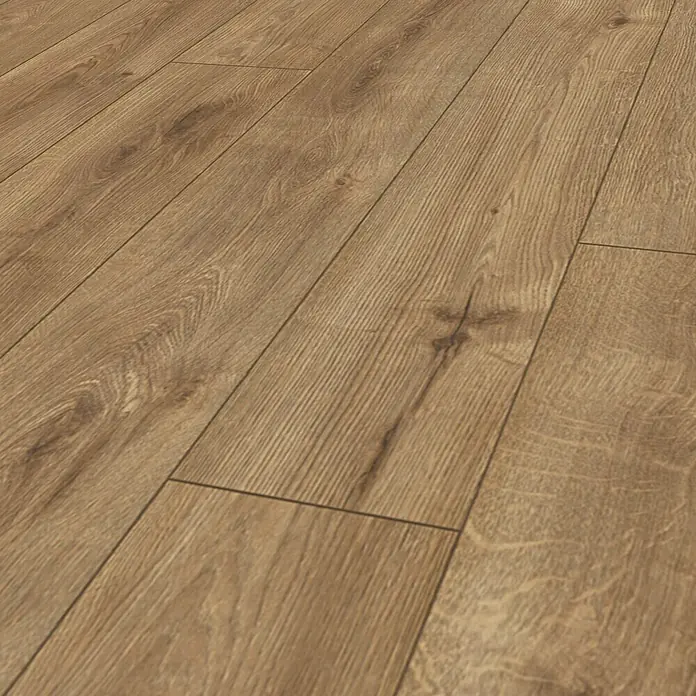 Krono Original Laminat Organic Clever Silent - Hillside Oak, Landhausdiele, 1.288 x 195 x 7 mm - Nahaufnahme von Laminatboden mit Holzmuster in warmen Farbtönen, ideal für Bodenbeläge.