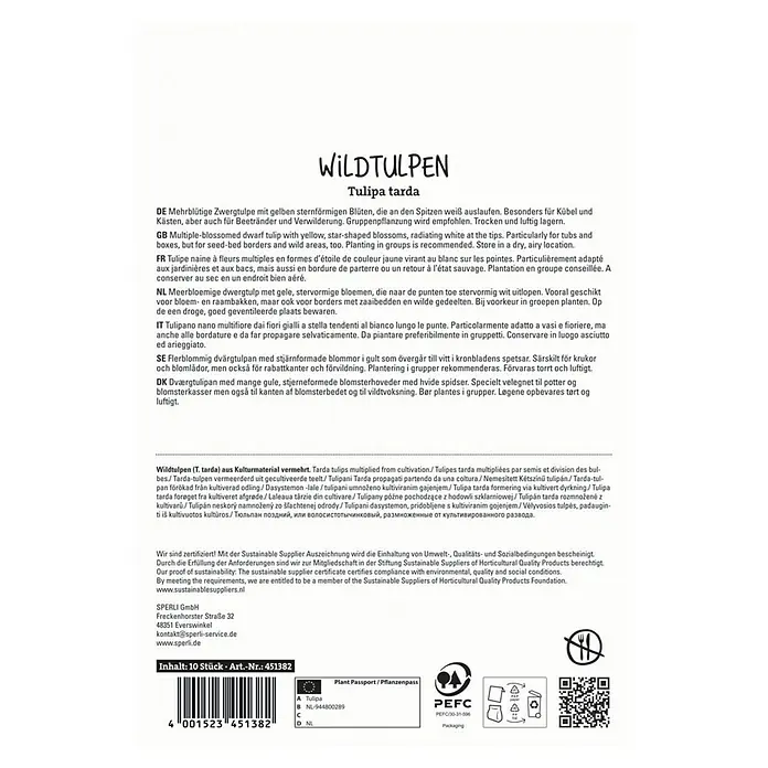 Sperli Blumenzwiebeln Wildtulpe T. tarda - Tulipa tarda, 10 Stk. - Abbildung einer Wildtulpen-Verpackung.
