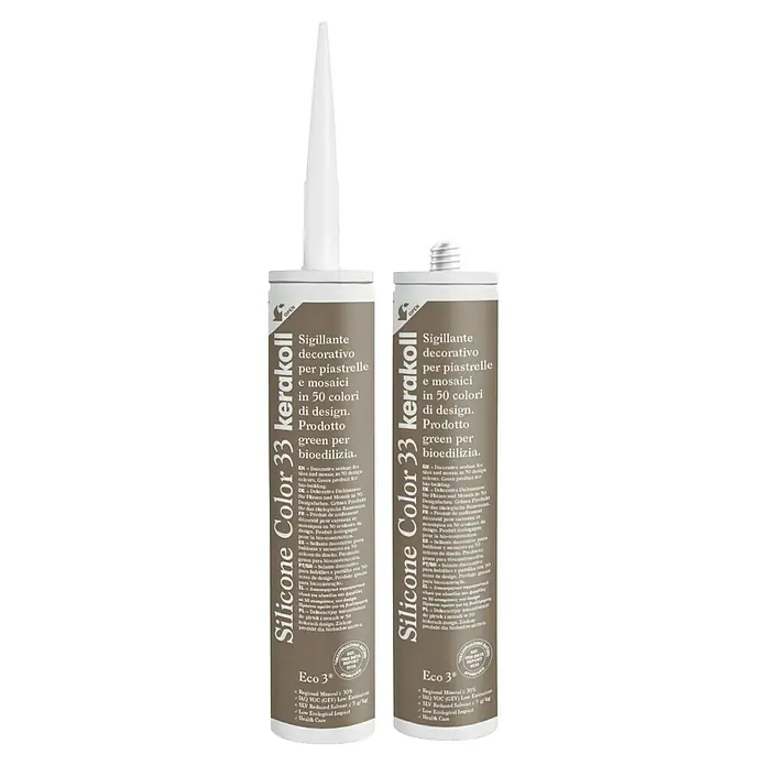 Kerakoll Silicona universal Color - Tono de color: 33, 310 ml - Dos tubos de Kerakoll Silicone Color 33, un sellante decorativo para baldosas y mosaicos en 50 colores de diseño, producto verde.