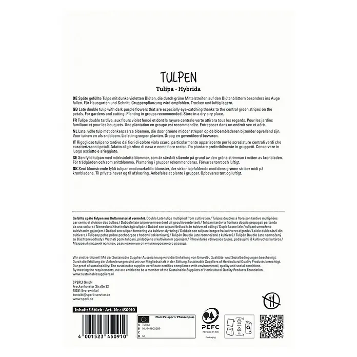 Sperli Blumenzwiebeln Gefüllte Späte Tulpe Negrita Double - Tulipa x Hybrida, 5 Stk. - Packung Tulpen "Tulipa-Hybrida" mit dunkelvioletten Blüten und grünen Streifen, ideal für Garten und Schnittblumen.