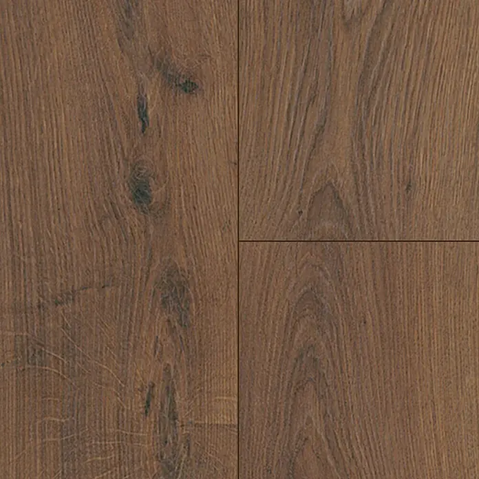 Krono Original Laminat Organic Clever Silent - Bourbon Hills Oak, Landhausdiele, 1.288 x 195 x 7 mm - Nahaufnahme von vier Quadraten eines Laminatbodens mit Holzmaserung in verschiedenen Brauntönen.
