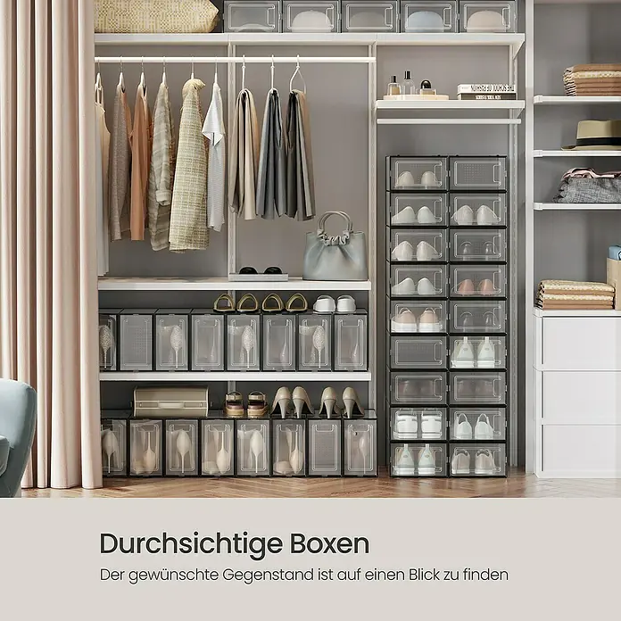 Schuhbox - L x B x H: 23,2 x 33,5 x 14,3 cm, Kunststoff, Schwarz/Transparent, 18 Stk. - Durchsichtige Schuhboxen im Kleiderschrank.