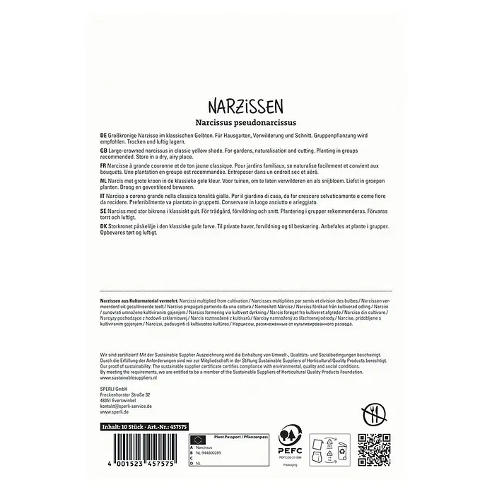 Sperli Blumenzwiebeln Großkronige Narzisse Carlton - Narcissus pseudonarcissus, 10 Stk. - Abbildung der Verpackung von Narzissenzwiebeln der Sorte 'Narcissus pseudonarcissus' mit Hinweisen zu Anbau und Pflege.