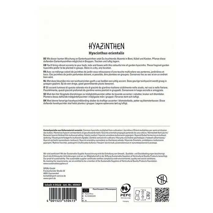 Sperli Blumenzwiebeln Hyazinthen Mischung - Hyacinthus orientalis, 4 Stk. - Packung Gartenhyazinthen, ideal für farbenfrohe Akzente in Beeten, Kübeln und Kästen. Duftende Hyazinthen für Gruppenpflanzungen.
