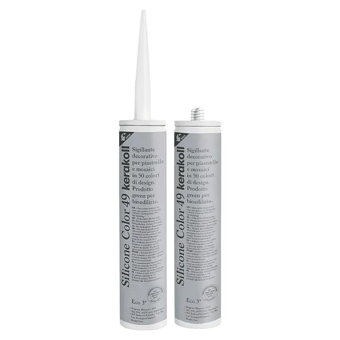Kerakoll Silicona universal Color - Tono de color: 49, 310 ml - Imagen de dos tubos de Silicone Color 49 Kerakoll, un sellador decorativo para azulejos y mosaicos en varios colores.