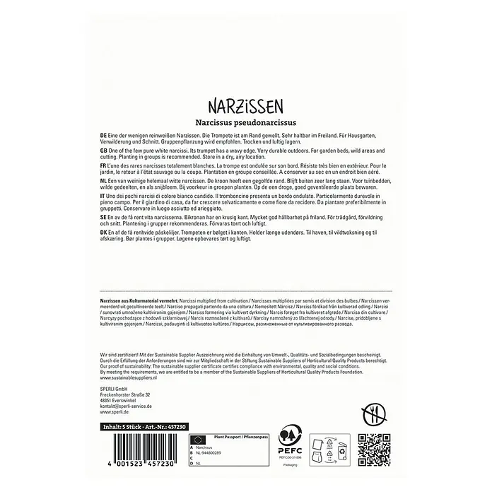 Sperli Blumenzwiebeln Trompeten Narzisse Mount Hood - Narcissus pseudonarcissus, 5 Stk. - Narzissen-Produktverpackung. Enthält fünf Narzissenzwiebeln (Narcissus pseudonarcissus) für Gärten, naturnahe Bepflanzung und zum Schnitt.