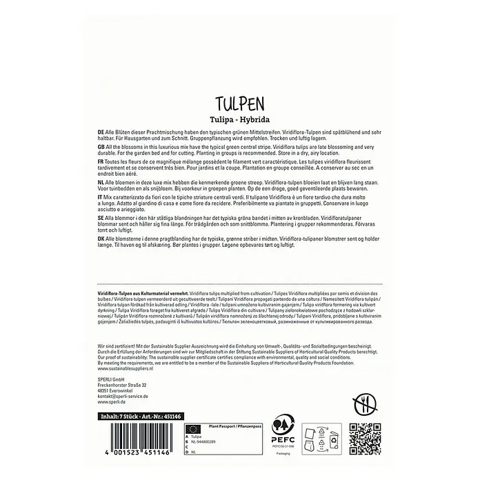 Sperli Blumenzwiebeln Viridiflora-Tulpe Mischung - Tulipa x Hybrida, 7 Stk. - Tulpen-Hybridsamenpackung. Die Tulpenmischung enthält spätblühende und haltbare Viridiflora-Tulpen mit grünen Streifen in der Mitte.