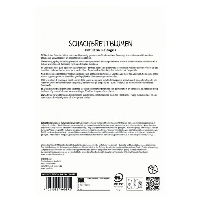 Sperli Blumenzwiebeln Schachbrettblume - Fritillaria meleagris, Weiß/Rot, 15 Stk. - Schachbrettblumen-Samenpackung. Zarte, glockenförmige Schachbrettblumen für feuchte, humusreiche Böden und ungestörte Standorte.