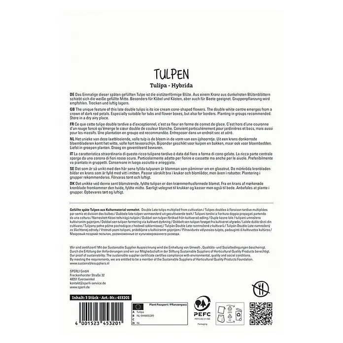 Sperli Blumenzwiebeln Tulpen Ice Cream - Tulipa x Hybrid, 3 Stk. - TULPEN Tulipa-Hybrida-Verpackung. Einzigartige, späte, gefüllte Tulpenmischung mit eistütenförmigen Blüten und weißer Mitte in roter Blütenblattkrone.