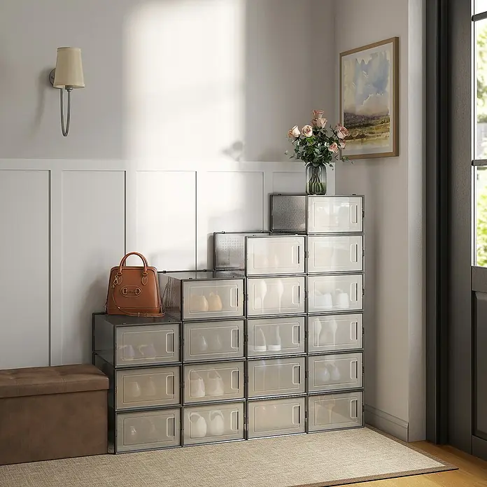 Schuhbox - L x B x H: 23,2 x 33,5 x 14,3 cm, Kunststoff, Schwarz/Transparent, 18 Stk. - Eine stufenförmige Schuhaufbewahrung aus durchsichtigen Boxen mit schwarzen Rahmen, neben einem braunen Hocker und einer Handtasche.