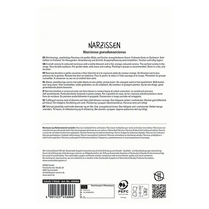 Sperli Blumenzwiebeln Kleinkronige Narzisse Barrett Browning - Narcissus pseudonarcissus, 5 Stk. - Abbildung der Verpackung von Narzissenzwiebeln. Kleine, zweifarbige Narzissen mit weißen Blüten und orangefarbenen Kronen.