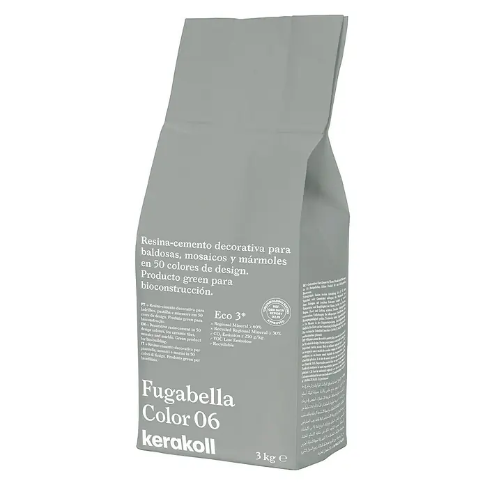 Kerakoll Mortero para juntas - cemento Fugabella - Color: 06, 3 kg - Imagen de un saco de Fugabella Color 06 Kerakoll, resina-cemento decorativa para baldosas, mosaicos y mármol, producto ecológico.