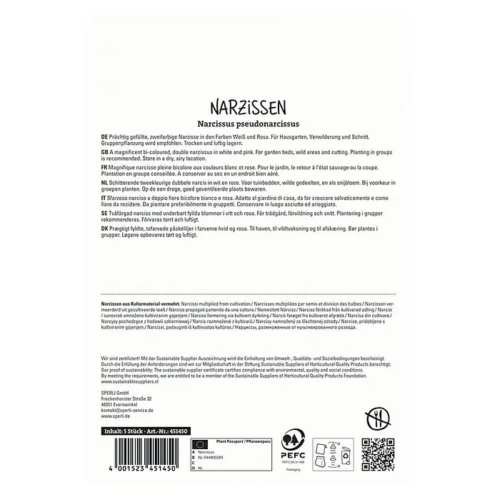 Sperli Blumenzwiebeln Gefüllte Narzisse Replete - Narcissus pseudonarcissus, 5 Stk. - Produktbild einer Narzissen-Verpackung, die gefüllte, zweifarbige Narzissen in Weiß und Rosa zeigt, ideal für Garten, Verwilderung und Schnitt.