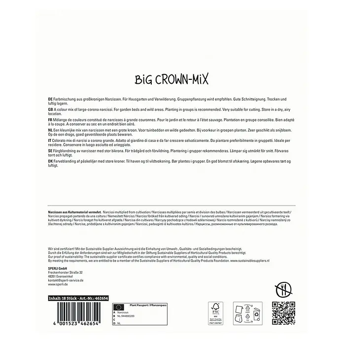 Sperli Blumenzwiebeln Maxi Narzissen Großkronige Mischung - Narcissus pseudonarcissus, 18 Stk. - Verpackung mit einer Mischung aus Narzissenzwiebeln 'Big Crown Mix' für farbenfrohe Gärten und natürliche Pflanzungen.