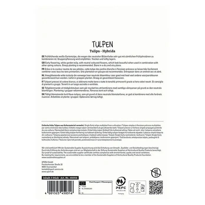 Sperli Blumenzwiebeln Einfache Frühe Tulpe White Prince - Tulipa x Hybrida, 5 Stk. - 'Tulpen' Tulipa-Hybrida-Produktverpackung.