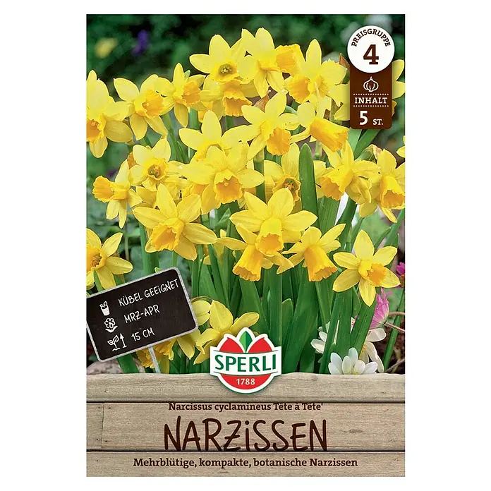 Sperli Blumenzwiebeln Narzissen Tête à Tête - Narcissus cyclamineus, Gelb, 5 Stk. - Abbildung einer Packung Narzissen "Tête à Tête" von Sperli, ideal für den Kübel, blühend in leuchtendem Gelb.
