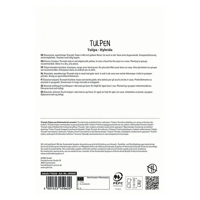 Sperli Blumenzwiebeln Triumph-Tulpe Kees Nelis - Tulipa x Hybrida, 7 Stk. - Verpackung von TULPEN Tulipa - Hybrida, einer klassischen, zweifarbigen Triumph-Tulpe in Rot mit gelbem Rand.