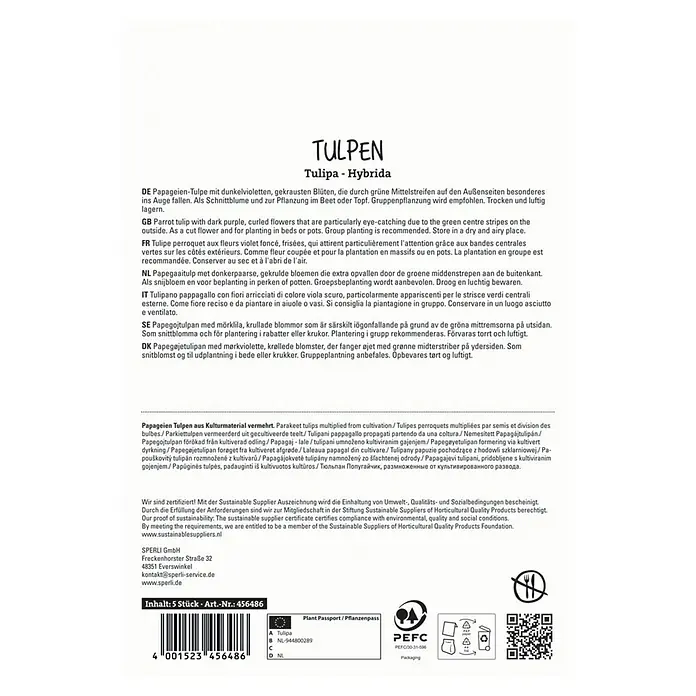 Sperli Blumenzwiebeln Papagei-Tulpe Parrot Negrita - Tulipa x Hybrida, 5 Stk. - Abbildung der Tulpen-Hybrida-Verpackung mit Produktinformationen und Zertifizierungen.