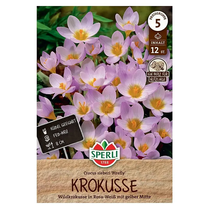 Sperli Blumenzwiebeln Wildkrokus Firefly - Crocus sieberi, 12 Stk. - Das Bild zeigt eine Packung Krokusse der Sorte 'Firefly' mit rosa-weißen Blüten und gelber Mitte, ideal für Töpfe.