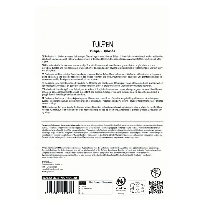 Sperli Blumenzwiebeln Fosteriana-Tulpe Purissima - Tulipa fosteriana, 5 Stk. - Produktverpackung für TULPEN Tulipa-Hybrida, bekannt für ihre cremefarbenen Blüten, die sich weiß färben.