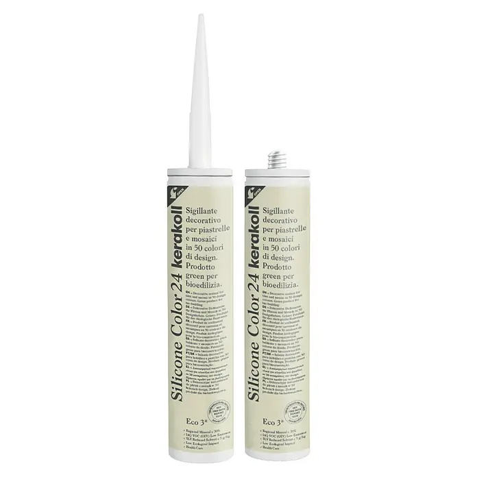 Kerakoll Silicona universal Color - Tono de color: 24, 310 ml - Dos tubos de Silicone Color 24 kerakoll, un sellador decorativo para azulejos y mosaicos en 50 colores, producto verde.