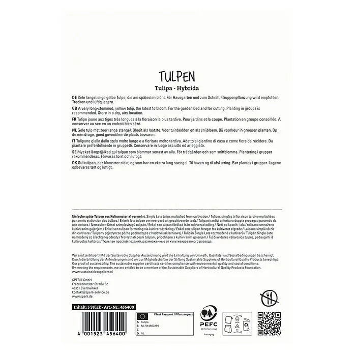 Sperli Blumenzwiebeln Einfache Späte Tulpe Roi du Midi - Tulipa x Hybrida, 5 Stk. - Produktverpackung Tulpenzwiebeln der Sorte Tulipa Hybrida, ideal für Garten und Schnittblumen. Trocken und luftig lagern.