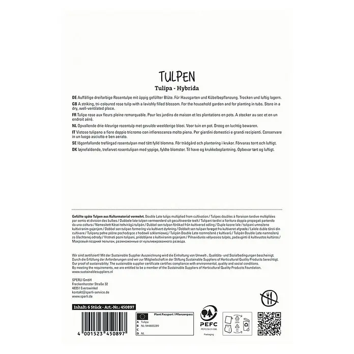 Sperli Blumenzwiebeln Gefüllte Späte Tulpe Pink Star - Tulipa x Hybrida, 6 Stk. - Produktverpackung mit Informationen zu TULPEN Tulipa - Hybrida, einer dreifarbigen Rosentulpe für Garten und Kübel.