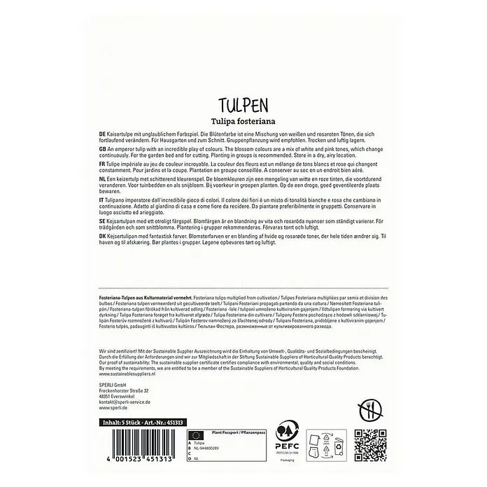 Sperli Blumenzwiebeln Fosteriana-Tulpe Flaming Purissima - Tulipa fosteriana, 5 Stk. - Abbildung der Tulpenverpackung. 'Tulpen Tulipa fosteriana', eine Kaisertulpe mit unglaublichem Farbspiel für Garten und Schnitt.