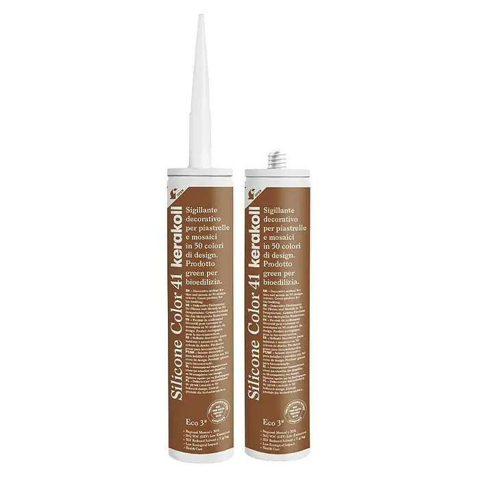 Kerakoll Silicona universal Color - Tono de color: 41, 310 ml - Imagen de dos cartuchos marrones de Silicona Color 41 Kerakoll, un sellador de alta calidad para azulejos y mosaicos disponible en 50 colores.