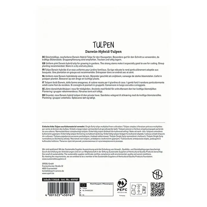 Sperli Blumenzwiebeln Darwin-Hybrid Tulpe Van Eijk - Tulipa x Hybrida, 5 Stk. - Tulpen Darwin-Hybrid-Tulpenpackung für den Hausgarten, rosafarben und ideal zum Schneiden. Gruppenpflanzung wird empfohlen.