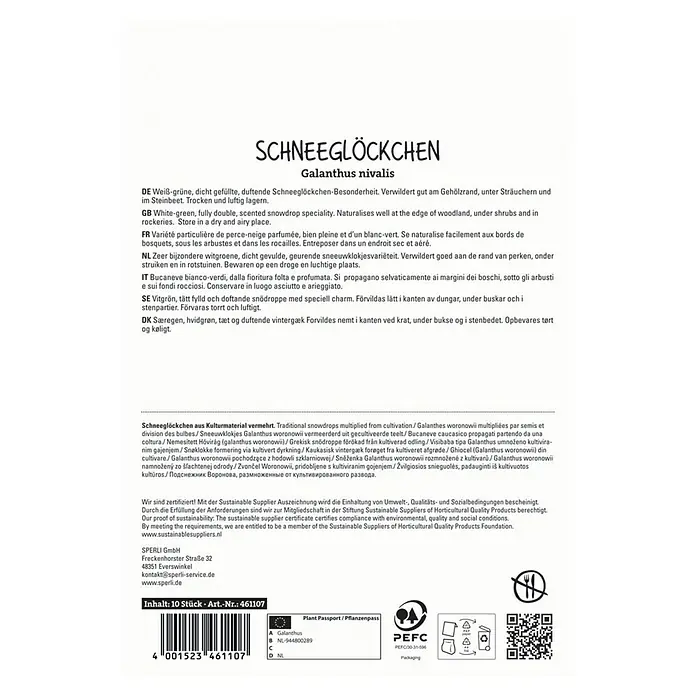 Sperli Blumenzwiebeln Schneeglöckchen Flore Pleno - Galanthus nivalis, Weiß, 10 Stk. - Produktbild Schneeglöckchen (Galanthus nivalis) Samenpackung. Die Sorte ist weiß-grün, dicht gefüllt und duftet besonders angenehm.