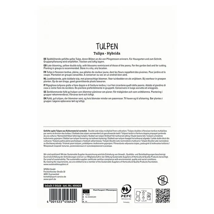 Sperli Blumenzwiebeln Gefüllte Späte Tulpe Yellow Pompenette - Tulipa x Hybrida, 5 Stk. - Packung Tulpen-Hybridsamen. Die späten, gefüllten, gelben Tulpen haben Blüten, die an Pfingstrosen erinnern.