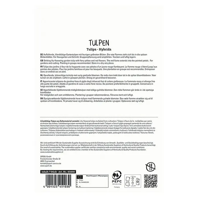 Sperli Blumenzwiebeln Lilienblütige Tulpe Firework - Tulipa x Hybrida, 7 Stk. - Produktverpackung für Tulpen 'Tulipa - Hybrida' mit auffälligen, lilienblütigen Blüten in Gelb und Rot.
