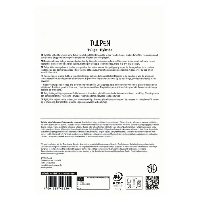 Sperli Blumenzwiebeln Gefüllte Frühe Tulpe Magarita - Tulipa x Hybrida, 5 Stk. - Produktbild: Tulpen-Hybrida-Verpackung. Lila gefüllte, frühe Tulpen für Garten und Schnitt. Gruppenpflanzung empfohlen, trocken lagern.