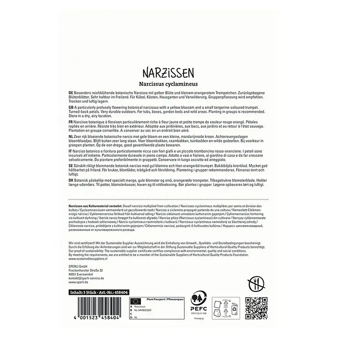 Sperli Blumenzwiebeln Narzisse Jetfire - Narcissus cyclamineus Jetfire, 5 Stk. - Narzissen cyclamineus Produktverpackung. Reichblühende, gelbe Narzisse mit kleinem, orangerotem Trompetchen. Ideal für Garten, Kübel und Verwilderung.