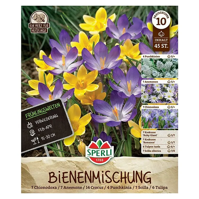 Sperli Blumenzwiebeln Frühlingsgarten Bienenparadies - Arten-Mischung, 45 Stk. - Bienenmischung Blumenzwiebeln von Sperli mit Krokussen, Anemonen, Scilla, Chionodoxa und Tulpen für einen blühenden Frühlingsgarten.