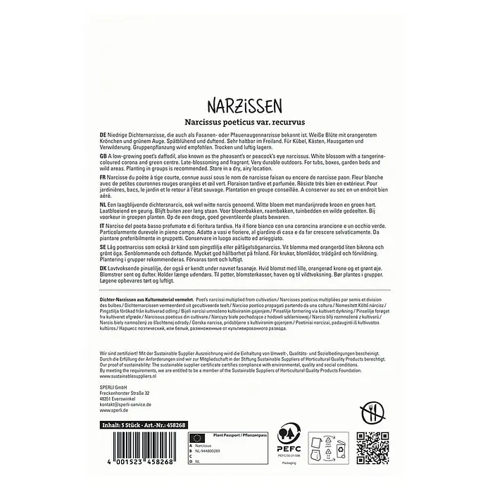Sperli Blumenzwiebeln Botanische Narzisse poeticus var. recurvus - Narcissus poeticus var. recurvus, 5 Stk. - Narzissen Blumenzwiebelpackung. Die Packung enthält fünf Narzissen Blumenzwiebeln der Sorte Narcissus poeticus var. recurvus.