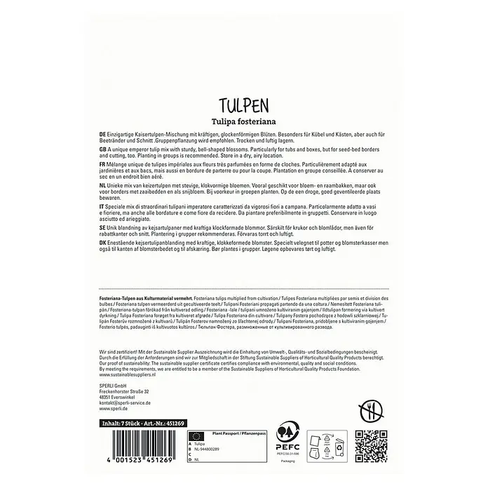 Sperli Blumenzwiebeln Fosteriana-Tulpe Kaisertulpen-Mischung - Tulipa fosteriana, 7 Stk. - Produktverpackung für Tulpen der Sorte 'Tulipa fosteriana' mit Hinweisen zu Anbau und Nachhaltigkeit.